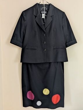 VTG Louis Féraud Blazer & Couture Skirt Set / Pop Art Circle Appliqué / Sz 14